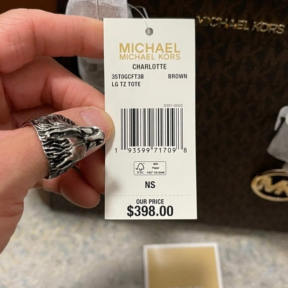 NWT Michael Kors Charlotte Large Top Zip Logo Print Leather Tote In Brown/Gold - Picture 5 of 13